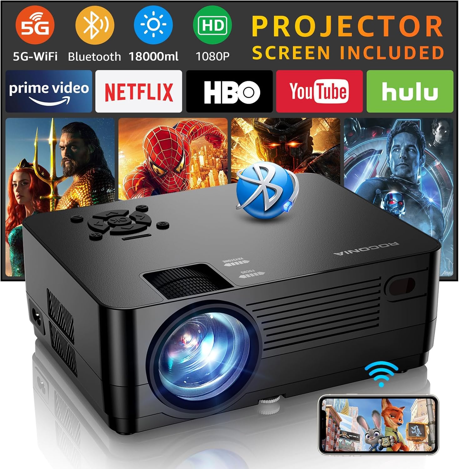 Projector with 5G WiFi and Bluetooth, Native 1080P Projector[Projector Screen Included], Full HD 18000LM Movie Projector, 300″ Display Support 4k Home Theater, Compatible with Phone/Laptop/TV Stick