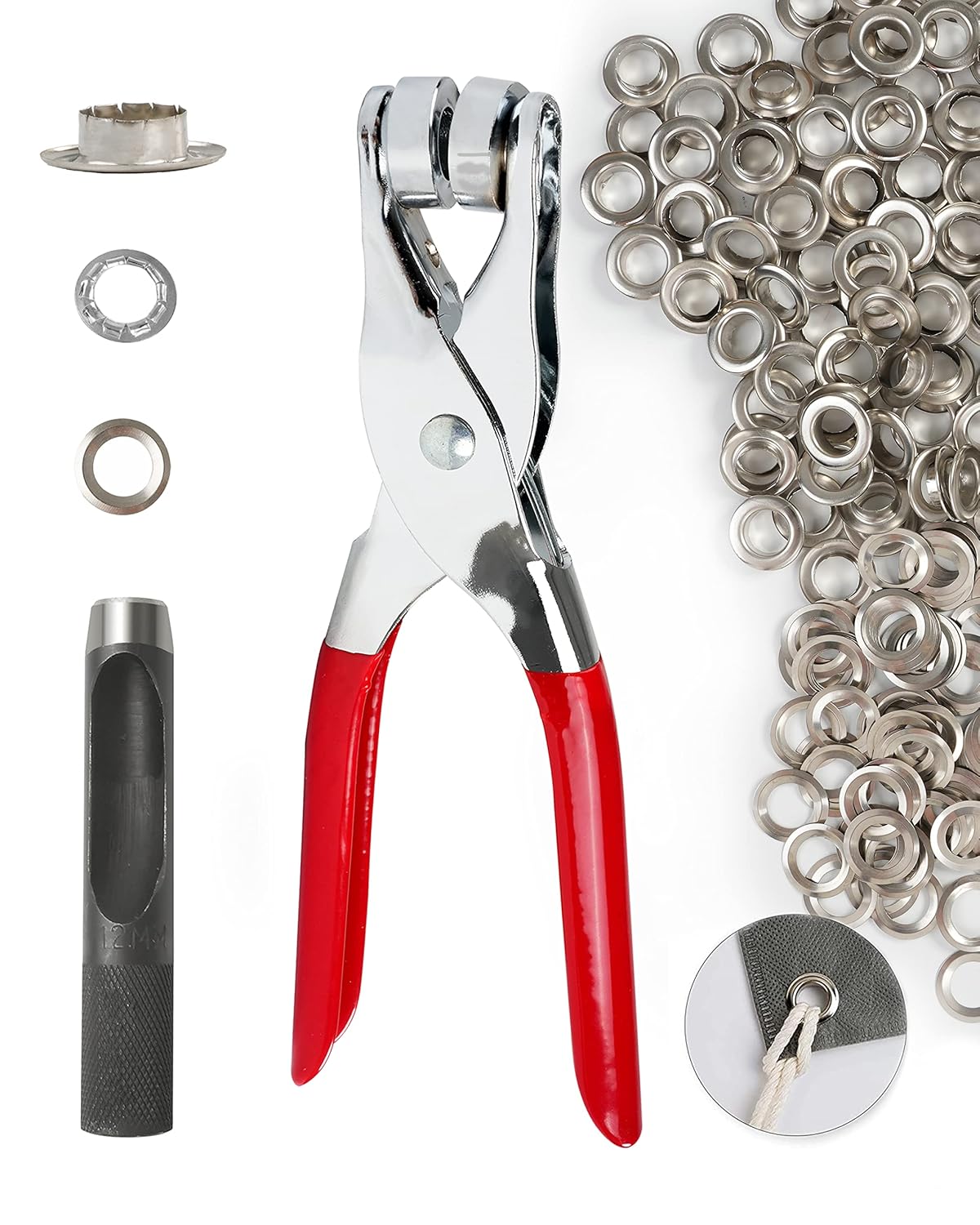 500Pcs 1/2 Inch Grommet Tool Kit, Leather Hole Punch Pliers, Grommets Kit with 500 Metal Eyelets in Silver for Leather, Shoes Fabric, Belts