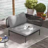 Patio Furniture Set, Outdoor Patio Furniture Oversized Metal Single Sofa, 1-seat Conversation Set with Cushion for Indoor and Outdoor, Black Frame and Dark Grey Mat (1 Seat 2 Armrests)