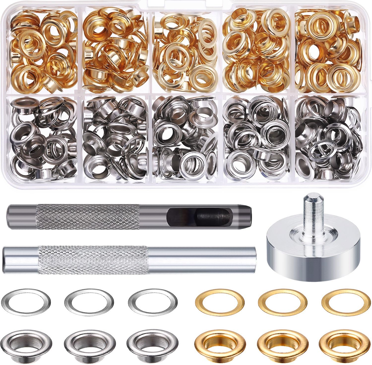 Grommet Kit 100 Sets Grommets Eyelets with 3 Pieces Install Tool Kit, 2 Colors (1/4 Inch Inside Diameter)