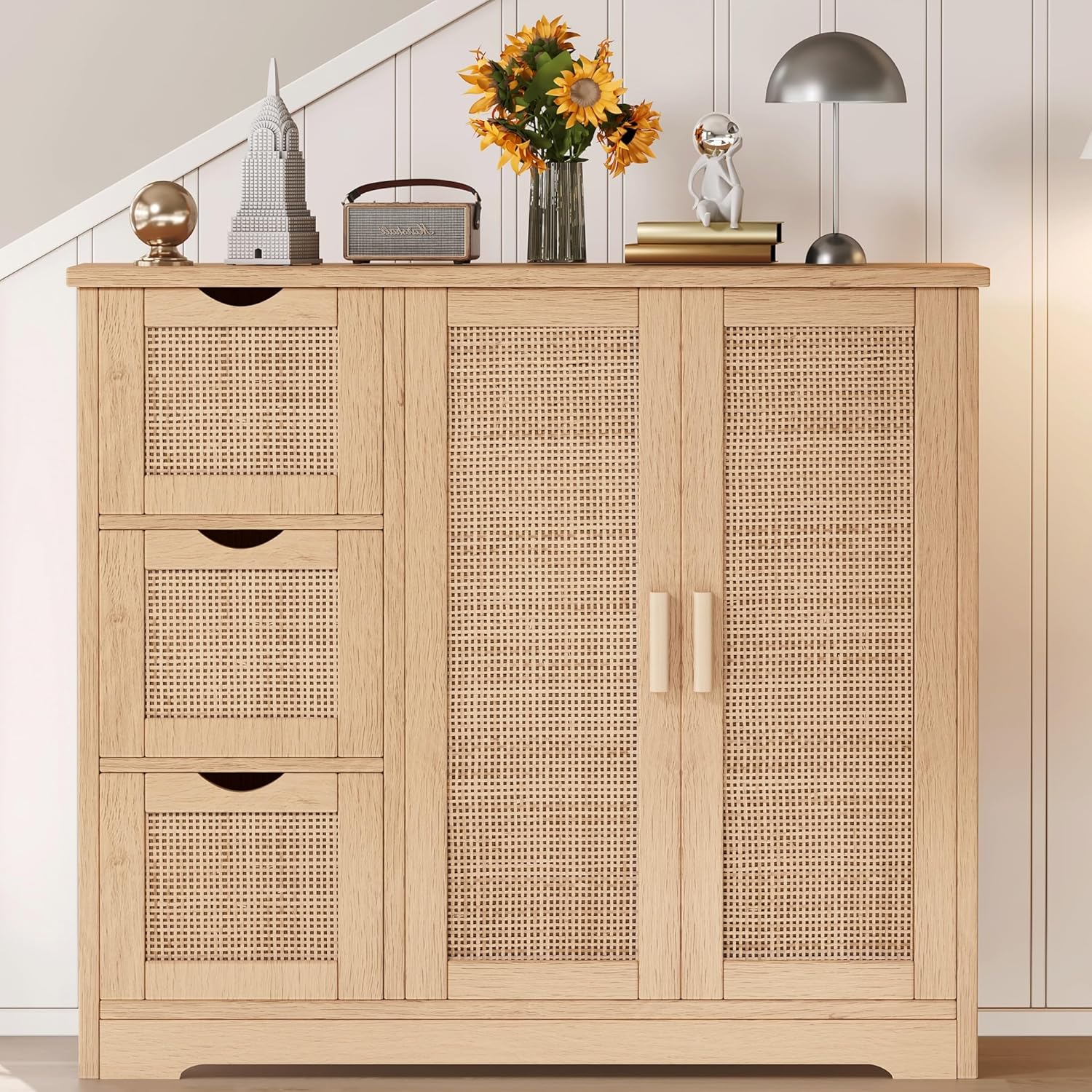 Rattan Floor Storage Cabinet with 3 Drawers & Double Doors, Modern Bathroom Cabinet with Adjustable Shelf, Accent Rattan Cabinet for Living Room, Entryway, Natural KES002MCWG