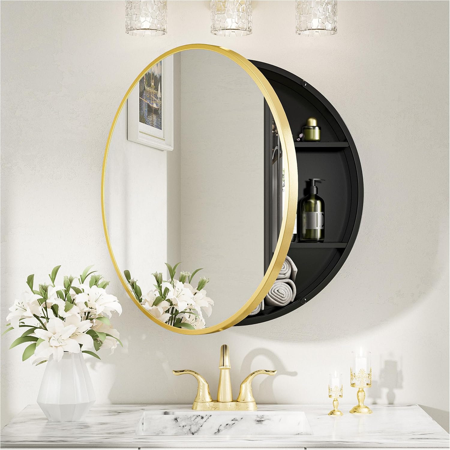 Keonjinn 20″ x 20″ Round Medicine Cabinet Mirror, Gold Mirror Medicine Cabinet Wall Mounted, Circular Farmhouse Medicine Cabinet with Mirror, Circle Framed Medicine Cabinet with Vanity Mirror