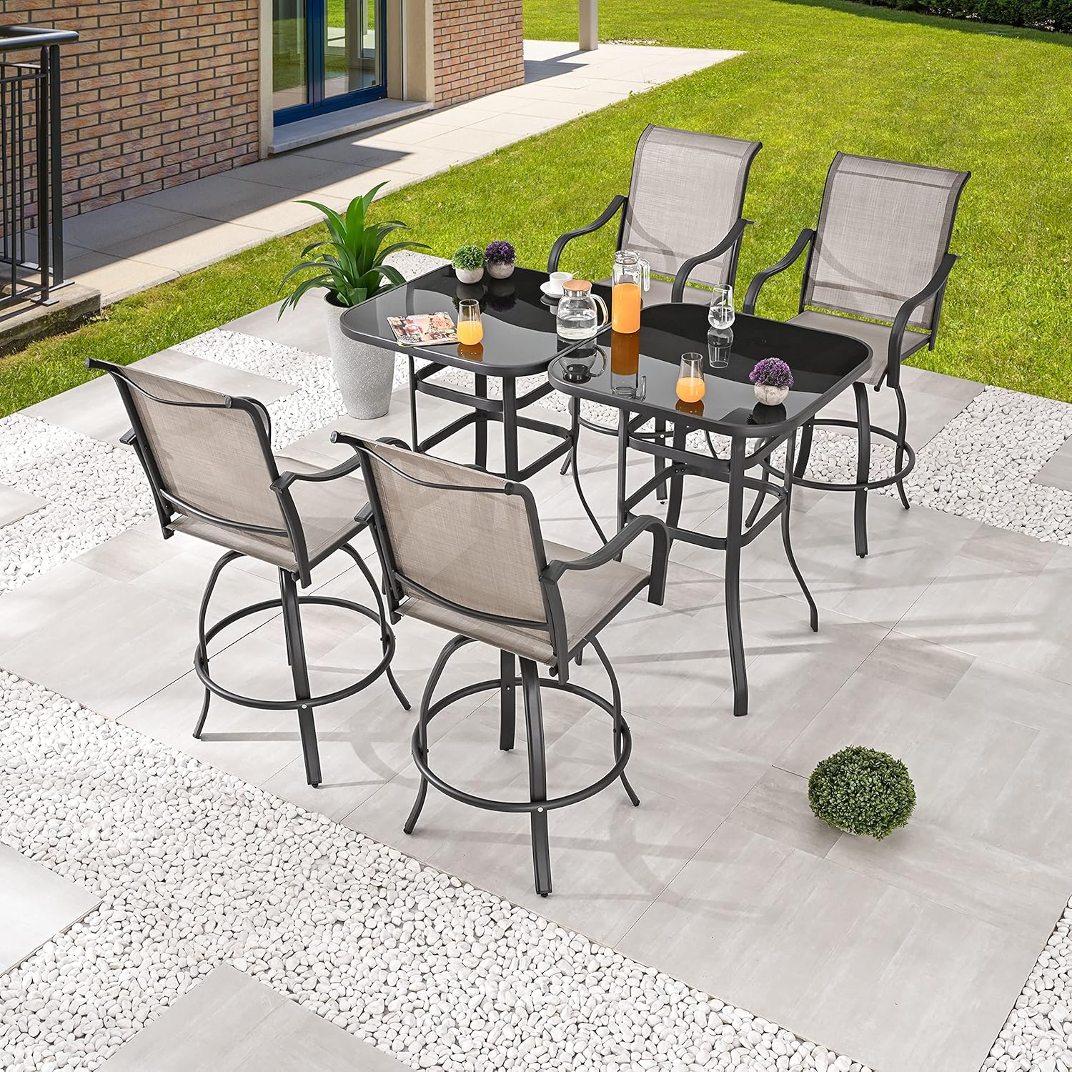 LOKATSE HOME 6 Piece Patio Dining Set Outdoor Furniture Tesling Swivel Chairs Bistro Rotating Stools with Glass Tempered Table for Poolside, Cafe, Porch, Chic Bar, Grey