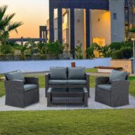 EMKK 5 4-Piece Modular Outdoor Sectional Wicker Patio Furniture Conversation Sofa Set w/Coffee Table for Backyard Lawn Garden, Dark Gray Black Glass Top