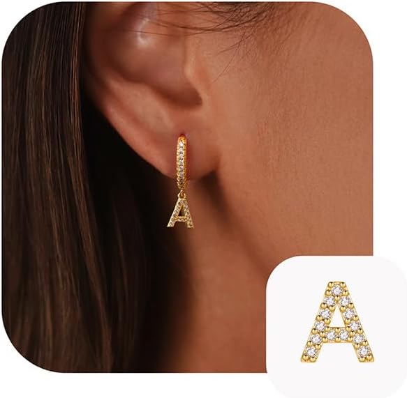 TURANDOSS Initial Earrings for Girls Women, Teen Girl Gifts 925 Sterling Silver Post Hypoallergenic Small Huggie Hoop Earrings Gold Plated Cubic Zirconia Initial Earrings Jewelry Gifts for Girls Kids