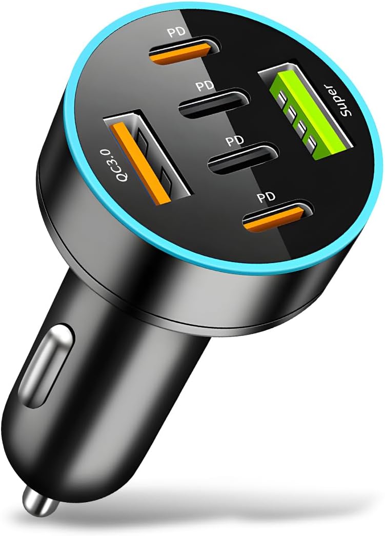 6 Ports 66W Car Charger, 12-24V Super Fast Charging with USB PD&QC 3.0 with LED Voltmeter for Cigarette Lighter Plug, Compatible with All Smartphone, Universal Auto Accessories