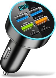 6 Ports 66W Car Charger, 12-24V Super Fast Charging with USB 3.1A PD&QC 3.0 with LED Voltmeter for Cigarette Lighter Plug, Compatible with All Smartphone, Universal Auto Accessories