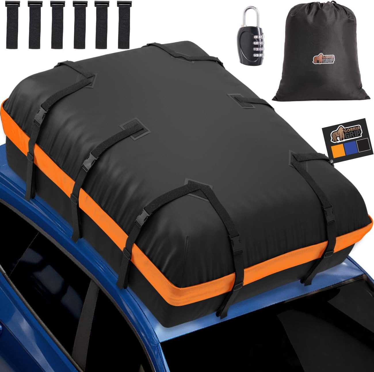 Gorilla Grip Waterproof Car Roof Bag with Stay in Place Grip Dots and Buckles, UV Protected Soft Shell Rooftop Cargo Carrier, Tear Resistant Luggage Box Top Rack SUV Vehicle Storage 20 Cubic FT Orange