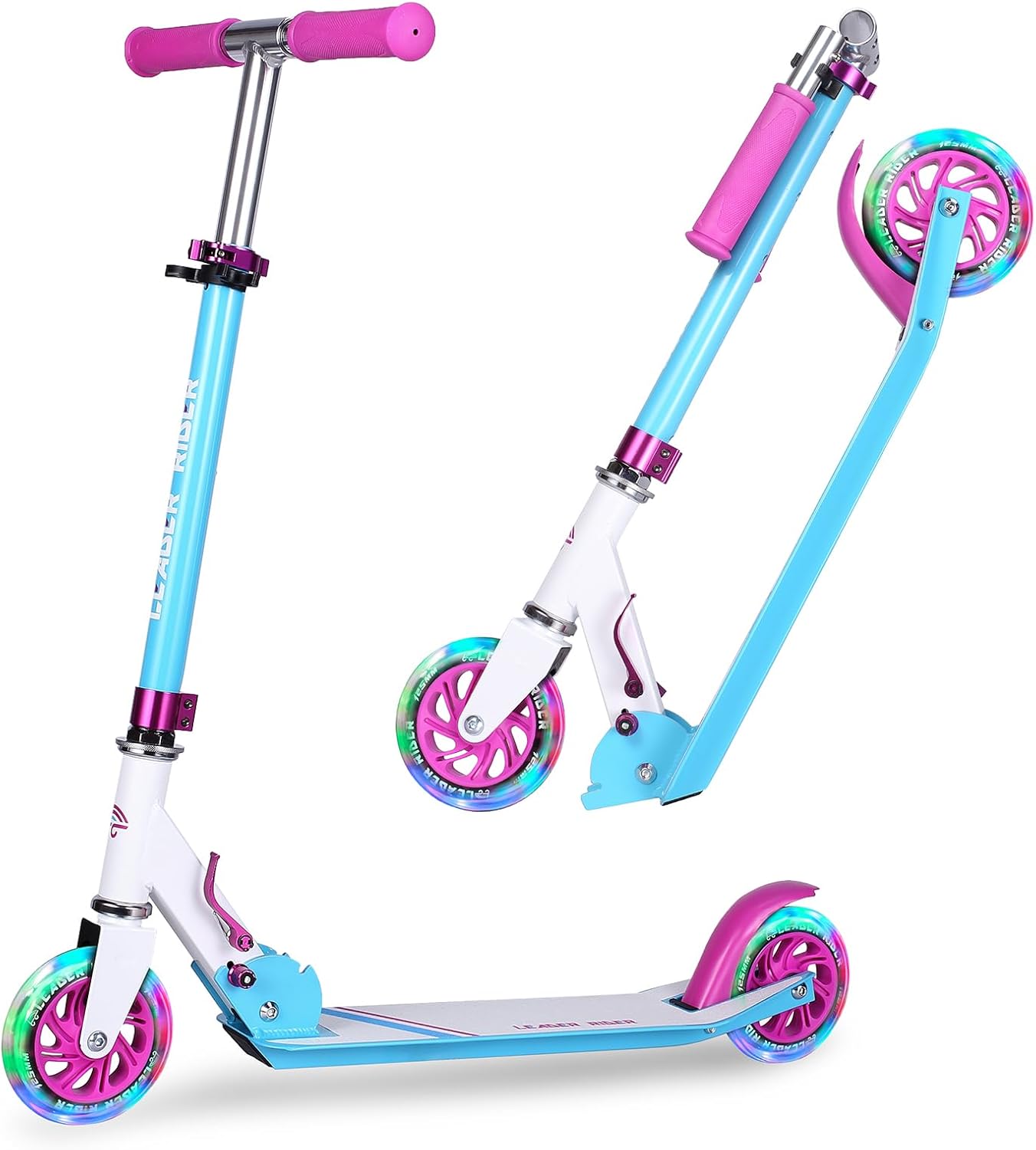 Kick Scooter – Collapsible Portable Kids Push Scooter – Lightweight Folding Design with High Visibility RGB Light Up LEDs on Stem, Wheels, and Deck