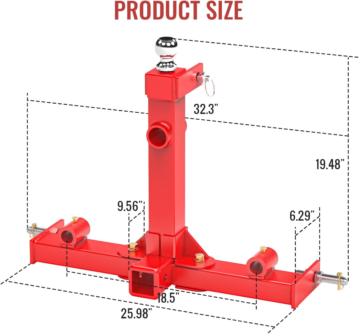 Red 3 Point Hitch Attachment with Trailer 2-5/16″ Ball Gooseneck, 3 Point Quick Hitch 2″ Receiver Cat 1, 3000lbs Capacity 3 Point Hitch Receiver, 3 Point Trailer Hitch Removable for Easy Storage