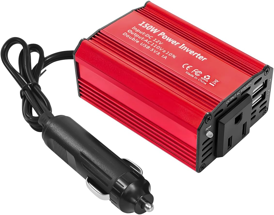 BESULEN 150W Car Power Inverter, DC 12V to 110V AC Auto Charger Converter, Vehicle Adapter Plug Outlet with 3.1A Dual USB Vehicle Charger, Multifunctional Car Accessories for Laptop (Red)