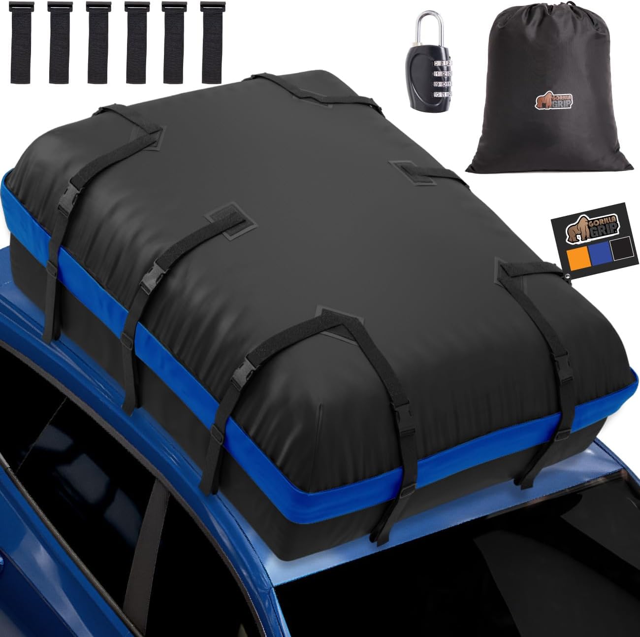 Gorilla Grip Waterproof Car Roof Bag with Stay in Place Grip Dots and Buckles, UV Protected Soft Shell Rooftop Cargo Carrier, Tear Resistant Luggage Box Top Rack SUV Vehicle Storage 20 Cubic FT Blue