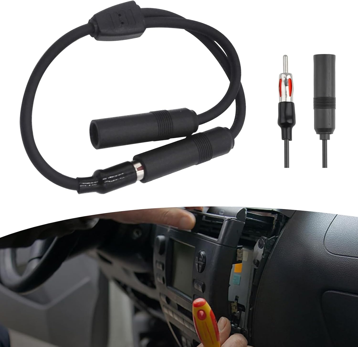 1 PC Car Radio Antenna Extension Cable, AM/FM 1 Male to 2 Female Y Adapter Antenna Connector, Audio Radio Stereo Receiver Plug and Play, Universal for Cars Trucks SUV Accessories (Black)