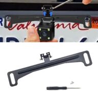 1 PC Car Rear View Camera License Plate Bracket, 7.6In x 1.3In Metal Waterproof Stable Camera Holder with Installation Component, Universal Reverse Camera Mount for Car SUV Motorcycle (Black)