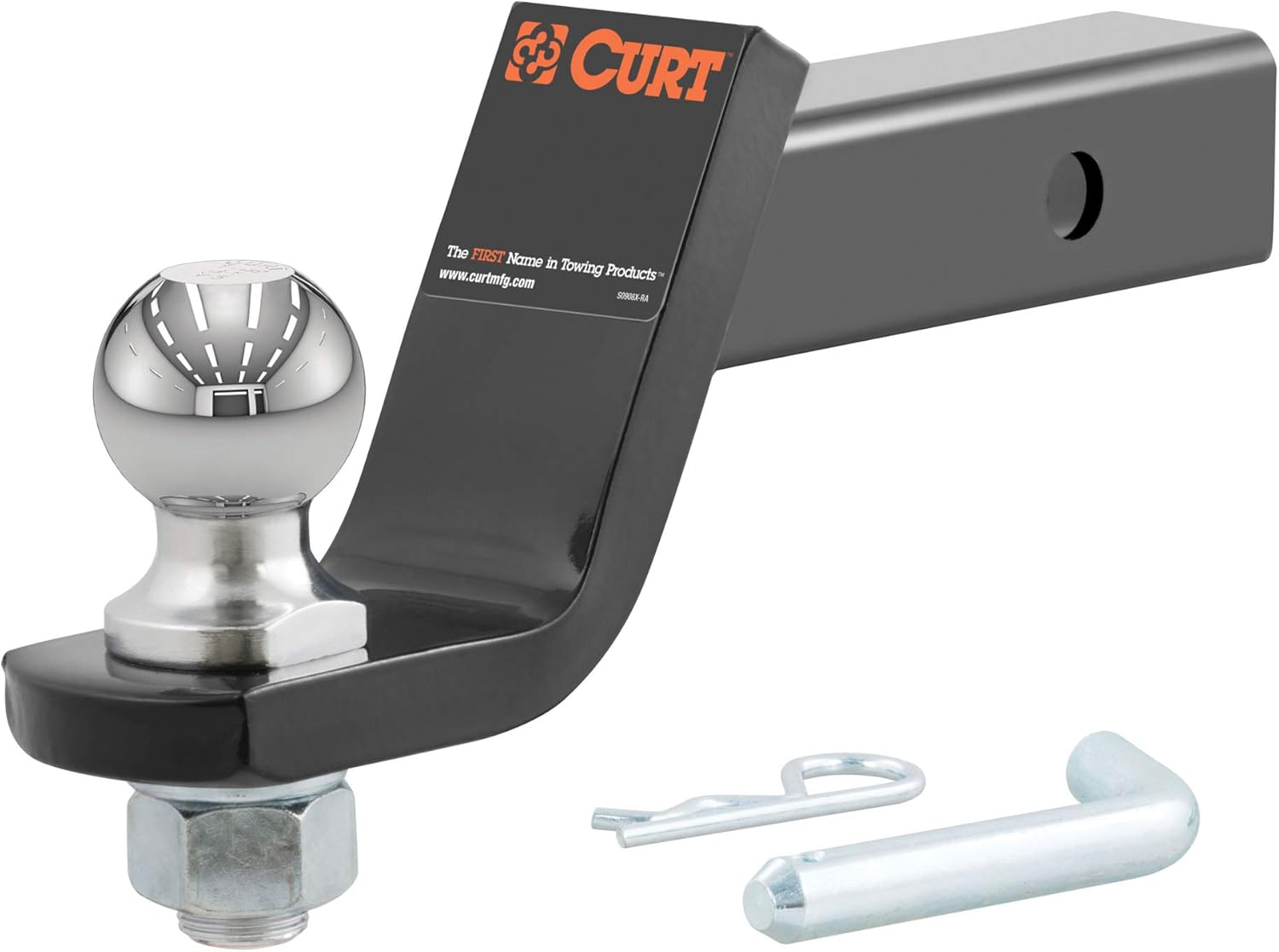 CURT 45056 Trailer Hitch Mount with 2-Inch Ball & Pin, Fits 2-In Receiver, 7,500 lbs, 4-Inch Drop, Gloss Black Powder Coat