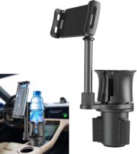 1 PC Car 2-in-1 Cup Holder Mobile Phone Holder, 11.14″ x 5.51″ Center Control Cup Holder Non-Slip Base, Rotatable and Adjustable Clamp Arm for 4″-11″ Cell Phones, Universal for Cars (Black)