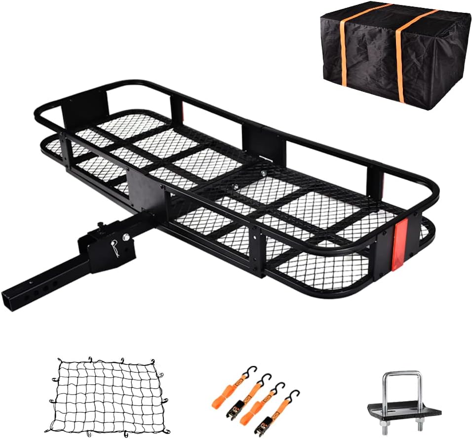 TITIMO 60″x21″x6″ Folding Hitch Mount Cargo Carrier – Luggage Basket Rack Fits 2″ Receiver – Rear Cargo Rack for SUV, Truck, Car(Includes Cargo Net, Ratchet Straps, Waterproof Cover) – 550LB Capacity