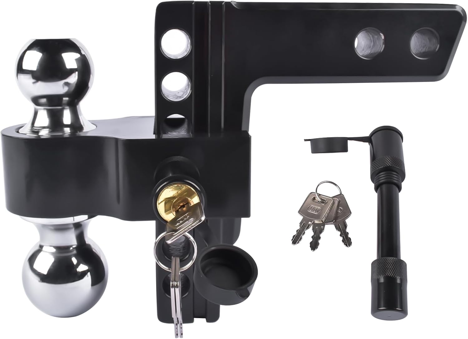 Black Adjustable Trailer Hitch Fits 2″ Receiver | 6″ Drop/Rise Heavy Duty Aluminum Drop Hitch | 12,500 LBS GTW-Tow Hitch | 2 and 2-5/16 inch Combo Stainless Steel Tow Balls with Double Key Locks