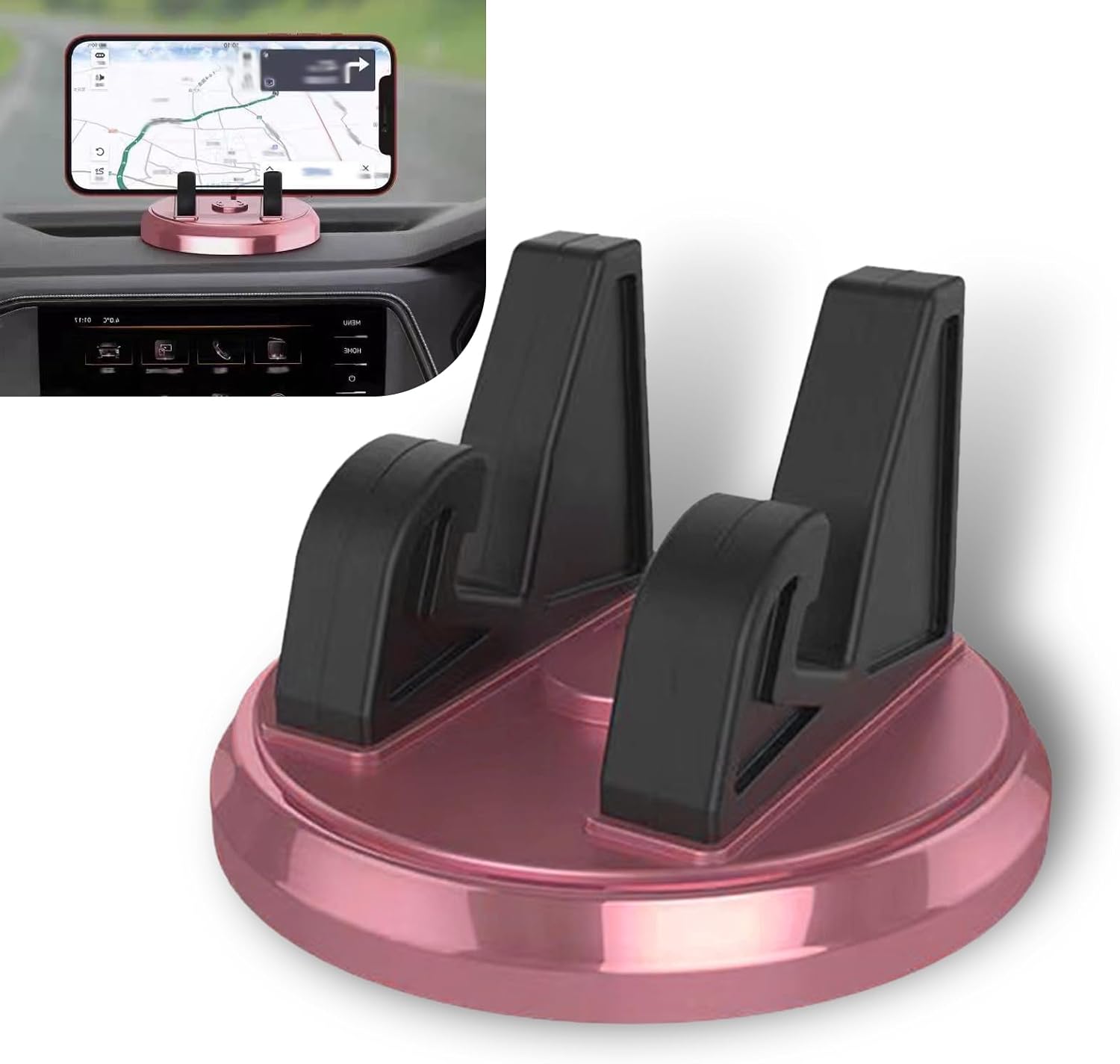 Pack-1 Car Dashboard Phone Holder, Non-slip Center Console Desktop Grab and Go Navigation Bracket, 360 Degree Rotatable Shockproof Portable Holder, Universal for Car Home Office (Pink & Black)