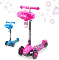 Kids Bubble Scooter: Blue – Foldable 3 Wheel Tri-Scooter with Bubble Machine, Tilt-&-Turn, Adjustable Height Handle, includes Bubble Solution, Children Ages 3+