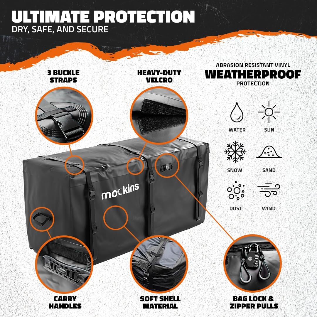 Mockins XL 25 Cu Ft Waterproof Cargo Bag for Hitch Carrier | 60″L x 24″W x 31″H Soft Shell Trailer Hitch Cargo Carrier Bag | Abrasion Resistant Vinyl Hitch Storage Bag | Cargo Carrier Hitch Mount Bag