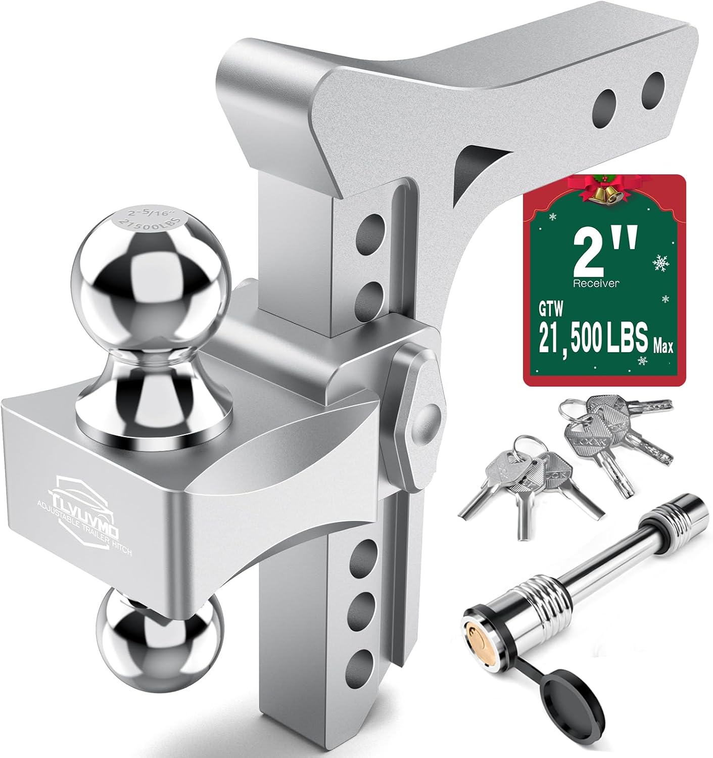 Adjustable Trailer Hitch -Drop Hitch (Fits 2-Inch Receiver), 8 Inch Drop/Rise, (21,500 LBS GTW) Heavy Duty Aluminum Tow Hitches, 2” & 2-5/16” Chrome Steel Tow Balls & 2 Anti-Theft Lock