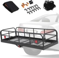 PioneerWorks 500 LBs Heavy Duty Foldable Trailer Hitch Cargo Carrier，60″ x 24″ x 6″ Vehicle Cargo Rack Carrier，2 inch Receiver Rear Luggage Rack Basket for SUV Pickup Camping Traveling, Steel, Black