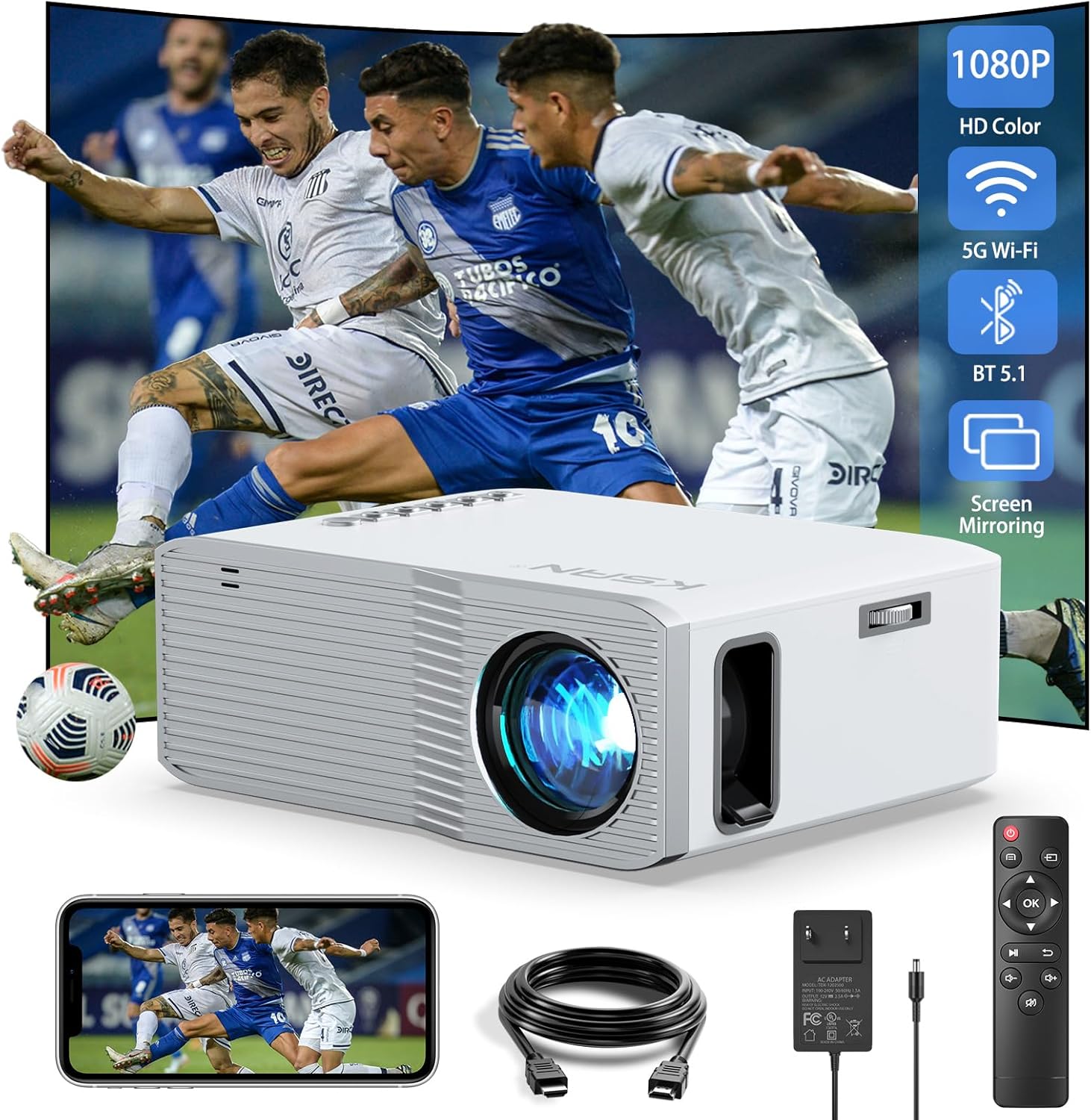 Mini Projector, 4K Supported 5G WiFi Portable Projector for Outdoor Movie Night, Screen Mirroring for Smartphone, BT 5.1, Compatible with TV Stick Tablet Games DVD etc.