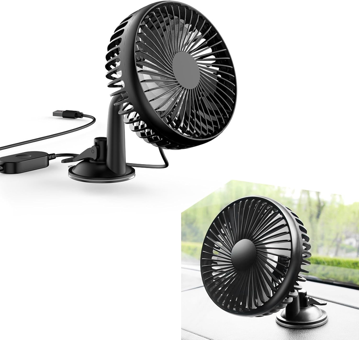 1 PC Car Dashboard Fan, ABS Single-head Three-blade Suction Cup Three-speed Windshield USB Mini Fan, Auxiliary Cooling Accessory, Compatible with Most Cars, Trucks, and Excavators (Black)