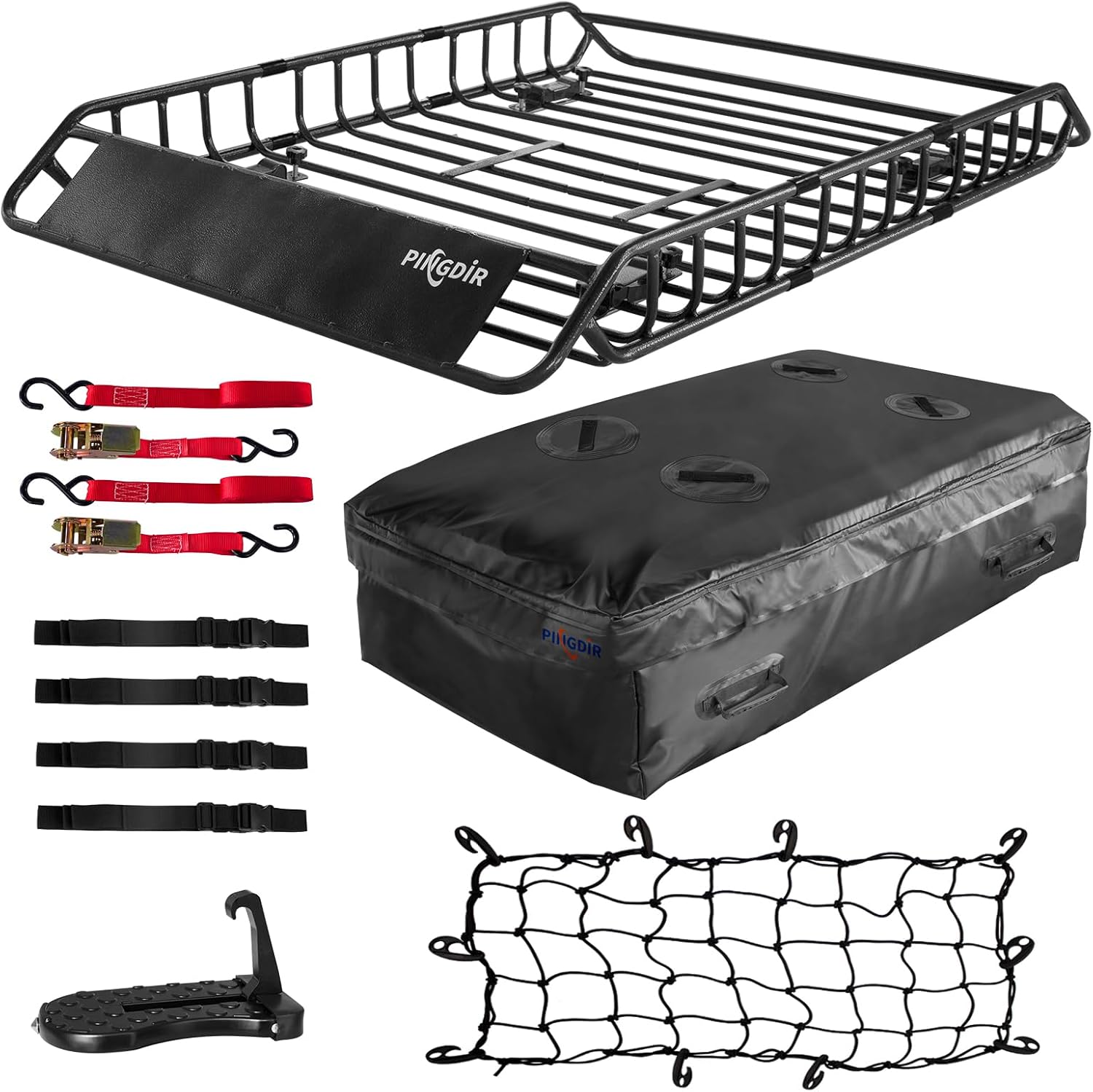 Roof Rack Basket 51″ X 36″ X 5″ Rooftop Rack Cargo Carrier Universal, Waterproof Cargo Bag 44 * 35 * 16″, Cargo Net with Attachment Hooks, 2 pcs Ratchet Strap,Roof Pedal