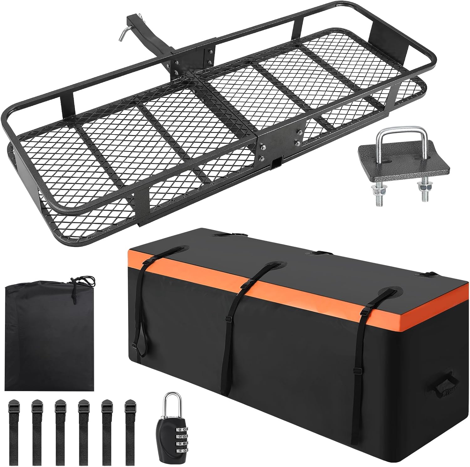 Hitch Mount Cargo Carrier Basket 60″ x 20″ x 5.9″ with Waterproof Cargo Bag 15 Cubic Feet, 200 lbs Capacity, Foldable Design, Hitch Stabilizer, Net, Straps, Steel Construction