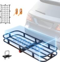 VEVOR 53 x 19 x 5 in Hitch Cargo Carrier, 500lb Capacity Trailer Hitch Mount Cargo Basket, Steel Luggage Carrier Rack Fits 2″ Hitch Receiver for SUV Truck Pickup with Cargo Net, Stabilizer, Straps