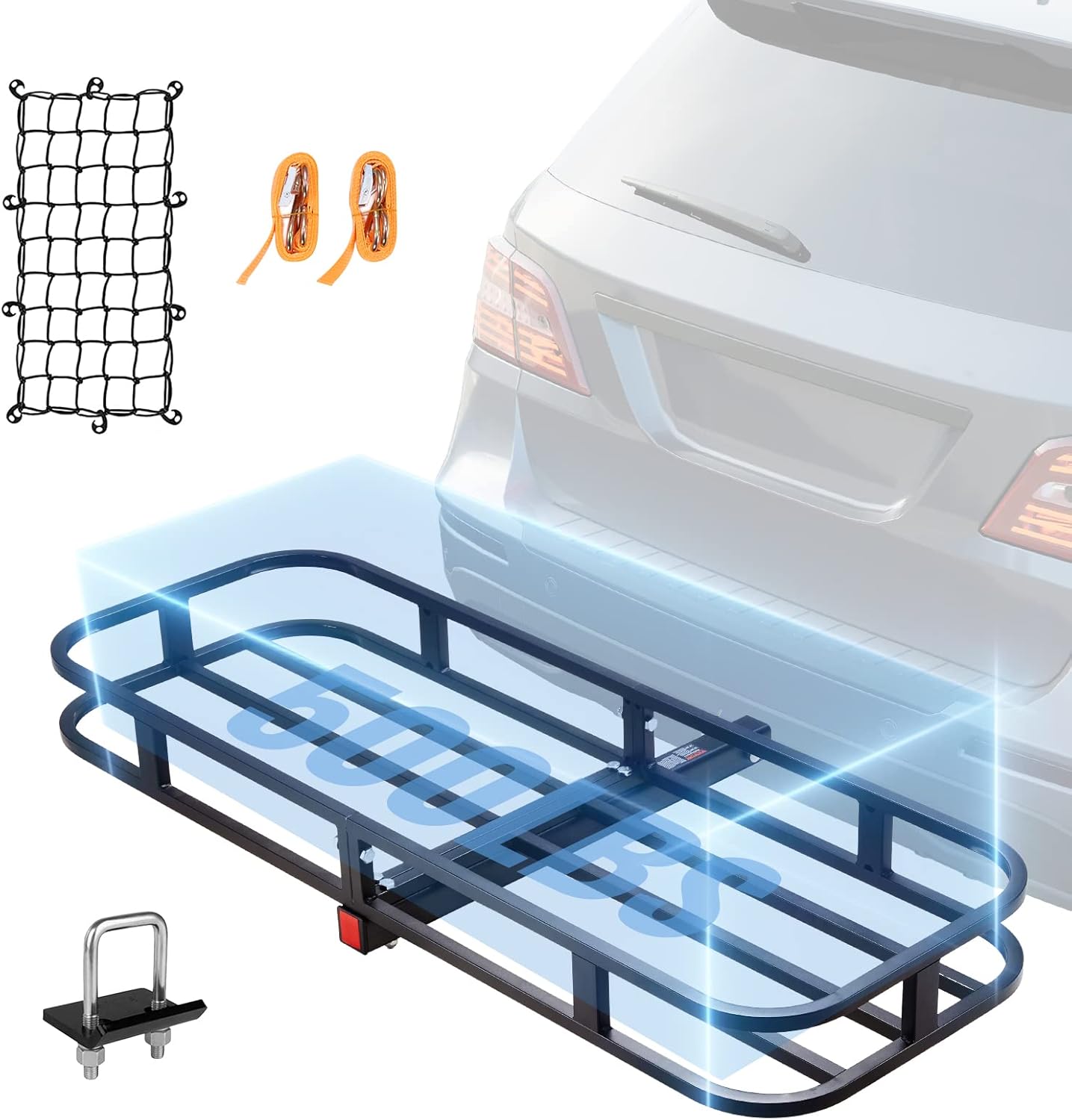 VEVOR 53 x 19 x 5 in Hitch Cargo Carrier, 500lb Capacity Trailer Hitch Mount Cargo Basket, Steel Luggage Carrier Rack Fits 2″ Hitch Receiver for SUV Truck Pickup with Cargo Net, Stabilizer, Straps