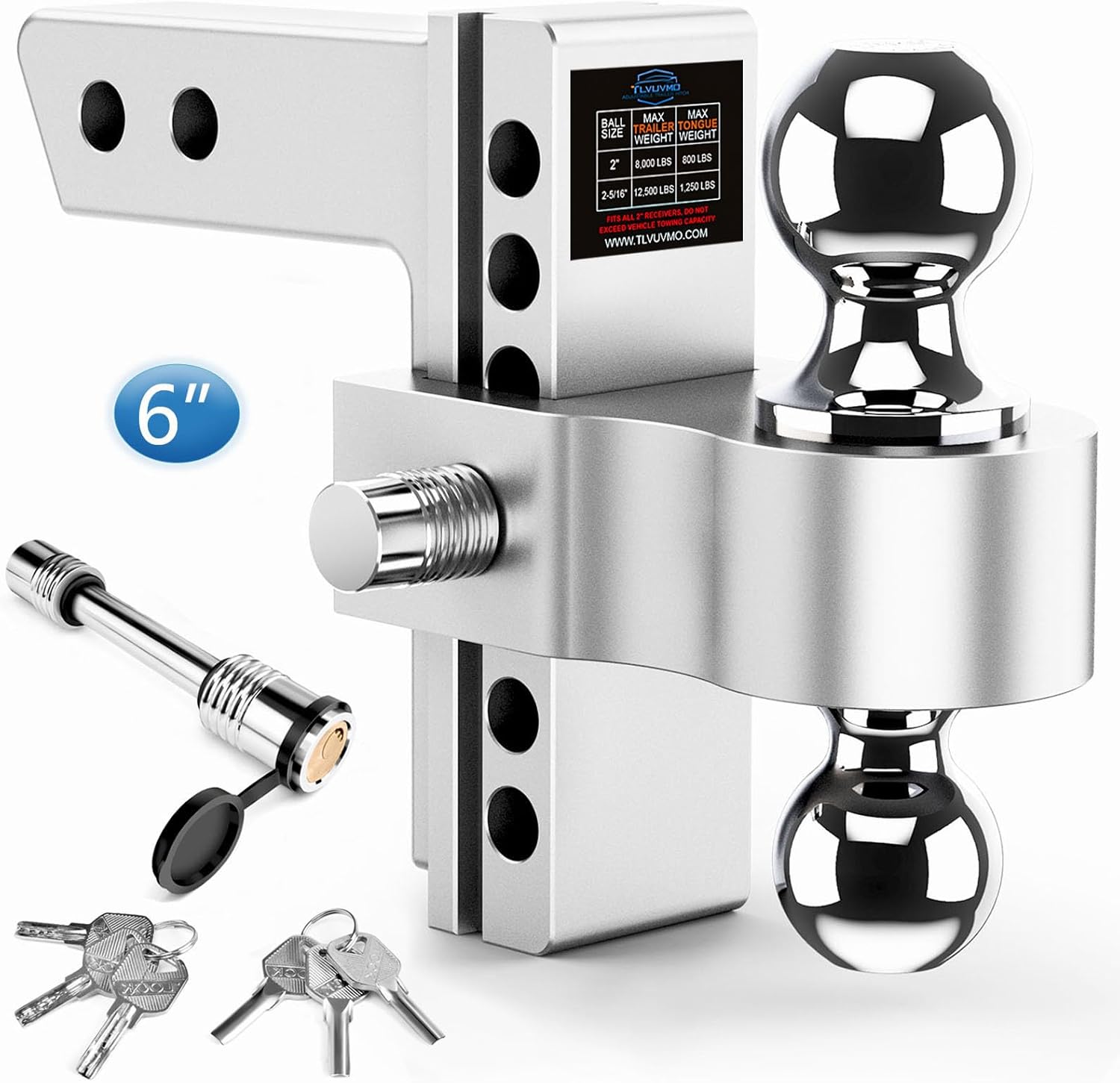 Adjustable Trailer Hitch, 6 Inch Drop Hitch Ball Mount (Fits 2-Inch Receiver), 12,500 LBS GTW, (2″ & 2-5/16″) Chrome Plated Steels Balls, Aluminum Tow Hitches with Two Anti-Theft Pins Locks