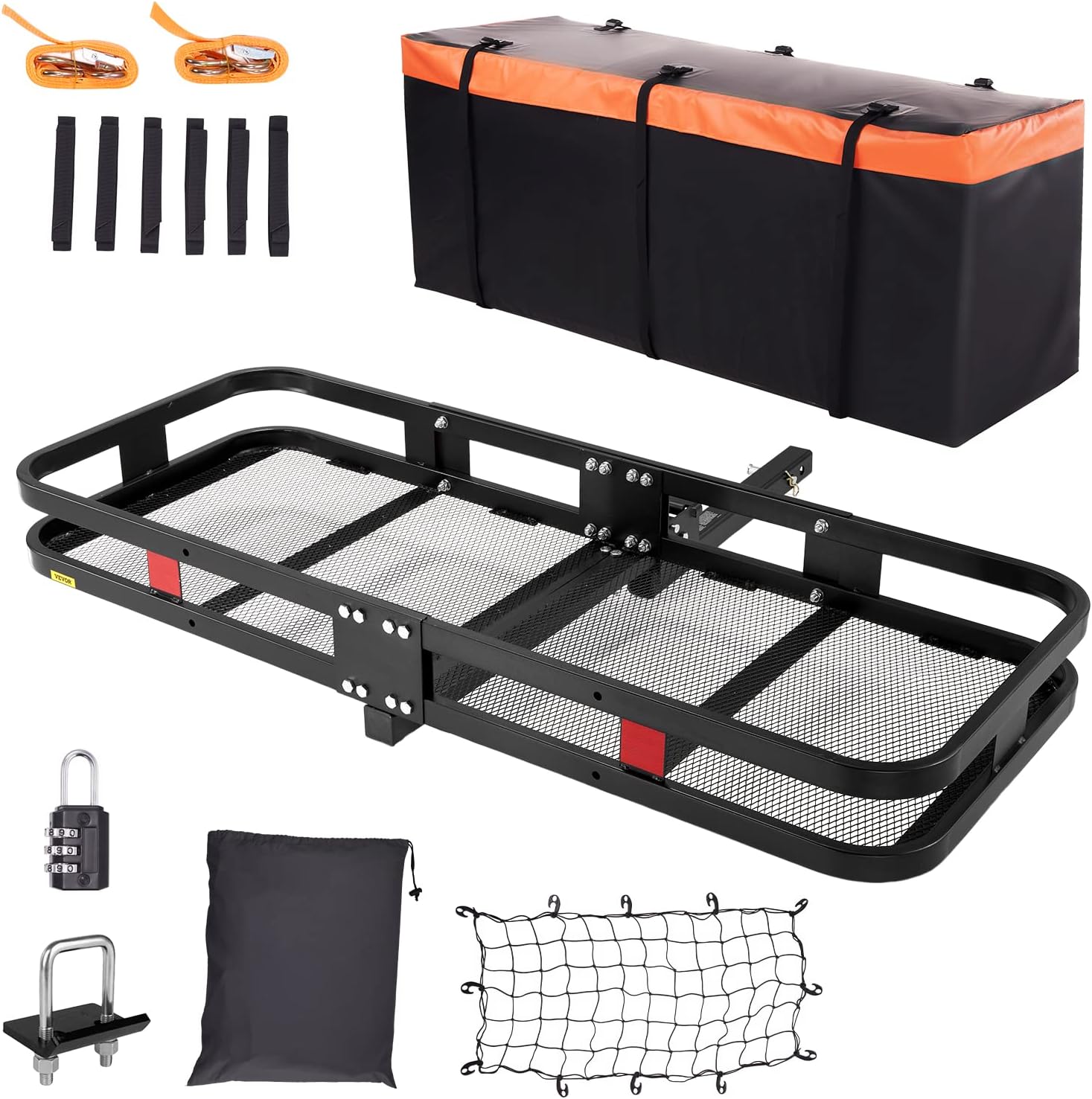 VEVOR 60x24x6 in Hitch Mount Cargo Carrier, 500lb Capacity Folding Trailer Hitch Cargo Basket & Waterproof Cargo Bag, Luggage Carrier Rack Fits 2″ Hitch Receiver with Cargo Net for SUV Truck Pickup