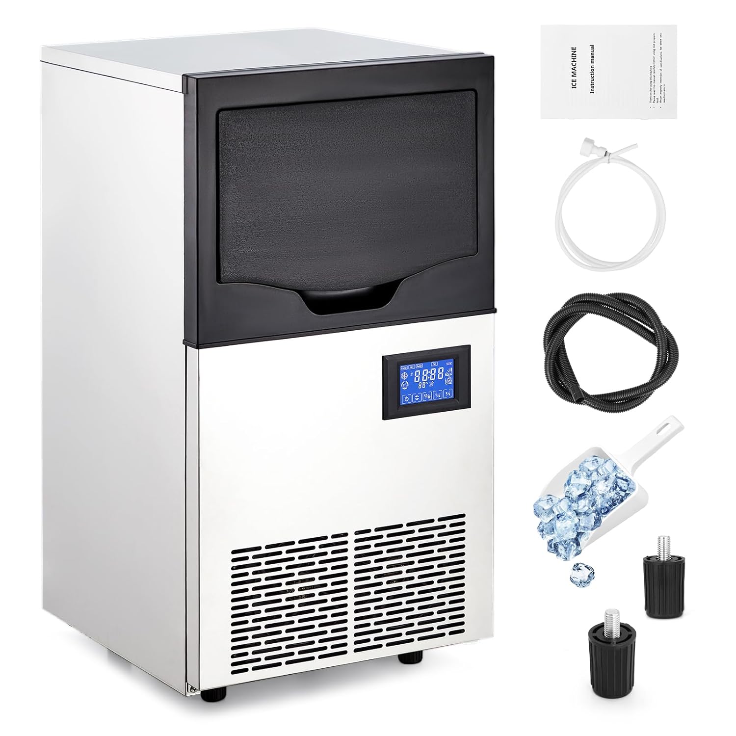 Commercial Ice Maker Machine-Freestanding/Under Counter Stainless Steel Ice Machine, 90Lbs/24 Hour with 30Lbs Ice Storage Capacity, Self Cleaning – Ideal for Restaurant, Bar, Cafe, Shop, Home, Office.