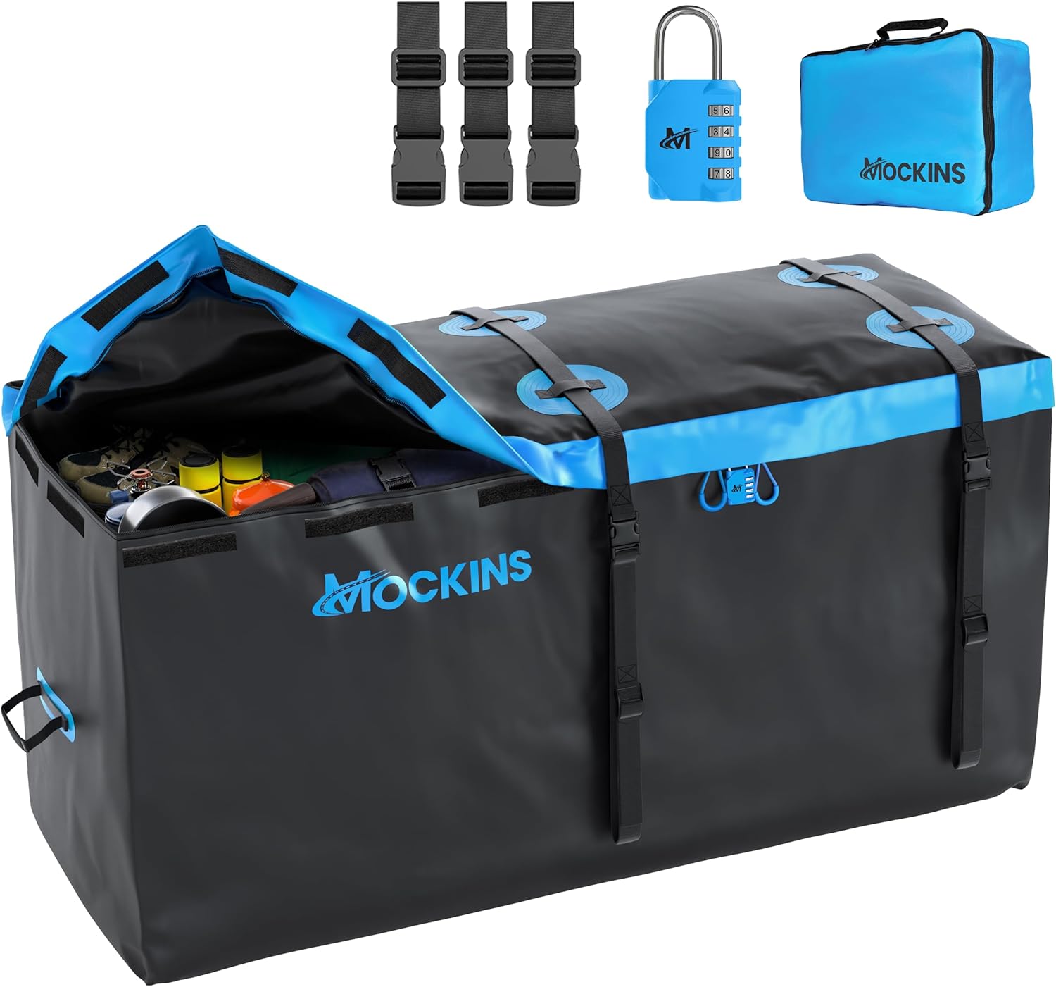 Mockins 25 Cu Ft Vehicle Soft-Shell Carriers Waterproof Cargo Bag | 60″x24″x31″ Heavy Duty Trailer Hitch Cargo Carrier Bag Truck Bed Storage | Durable Vinyl Cargo Storage for SUV Car Bag Hitch Storage