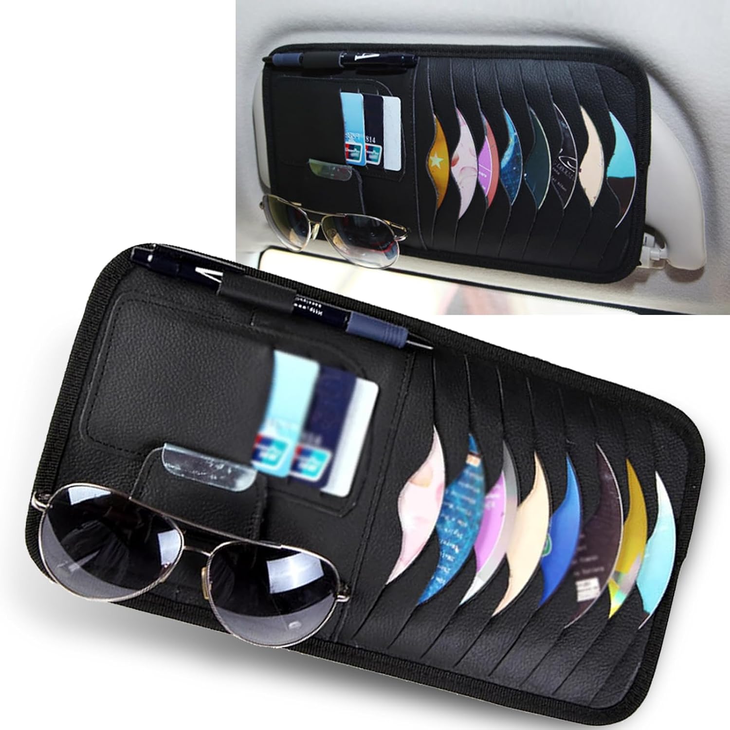 1 PC Car CD Holder, 11.88In x 6.29In Vehicle Sun Visor Organizer Pocket, Multifunctional Waterproof Leather Design, Universal Automotive Glasses Storage Accessories (Black)