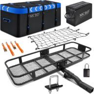 Hitch Mount Cargo Carrier Foldable Trailer Basket 59.5″x21″x5.5″ with Waterproof Cargo Bag 58.5″x24.5″x24″, Hitch Tightener, Net, Ratchet Straps and Lock