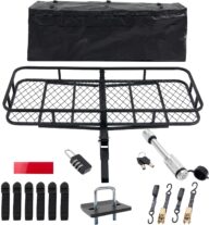 Folding Hitch Mount Cargo Carrier Basket Trailer Hitch Cargo Basket Hitch Stabilizer Ratchet Straps 500 lbs Capacity Trailer Hitch Basket with Waterproof Cargo Bag Fits 2″ Hitch Receiver