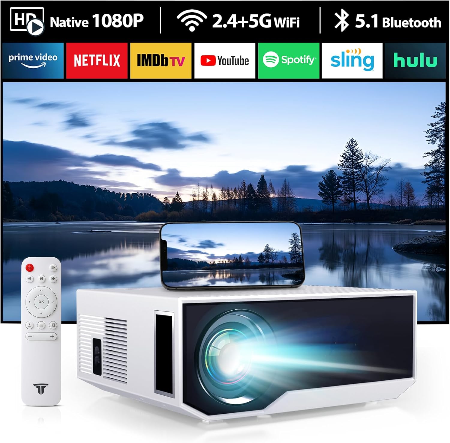 Projector with WiFi and Bluetooth, Native Full HD 1080P Outdoor Movie Projector,Smart Projector Compatible with Android/iOS/Windows/TV Stick/HDMI/USB