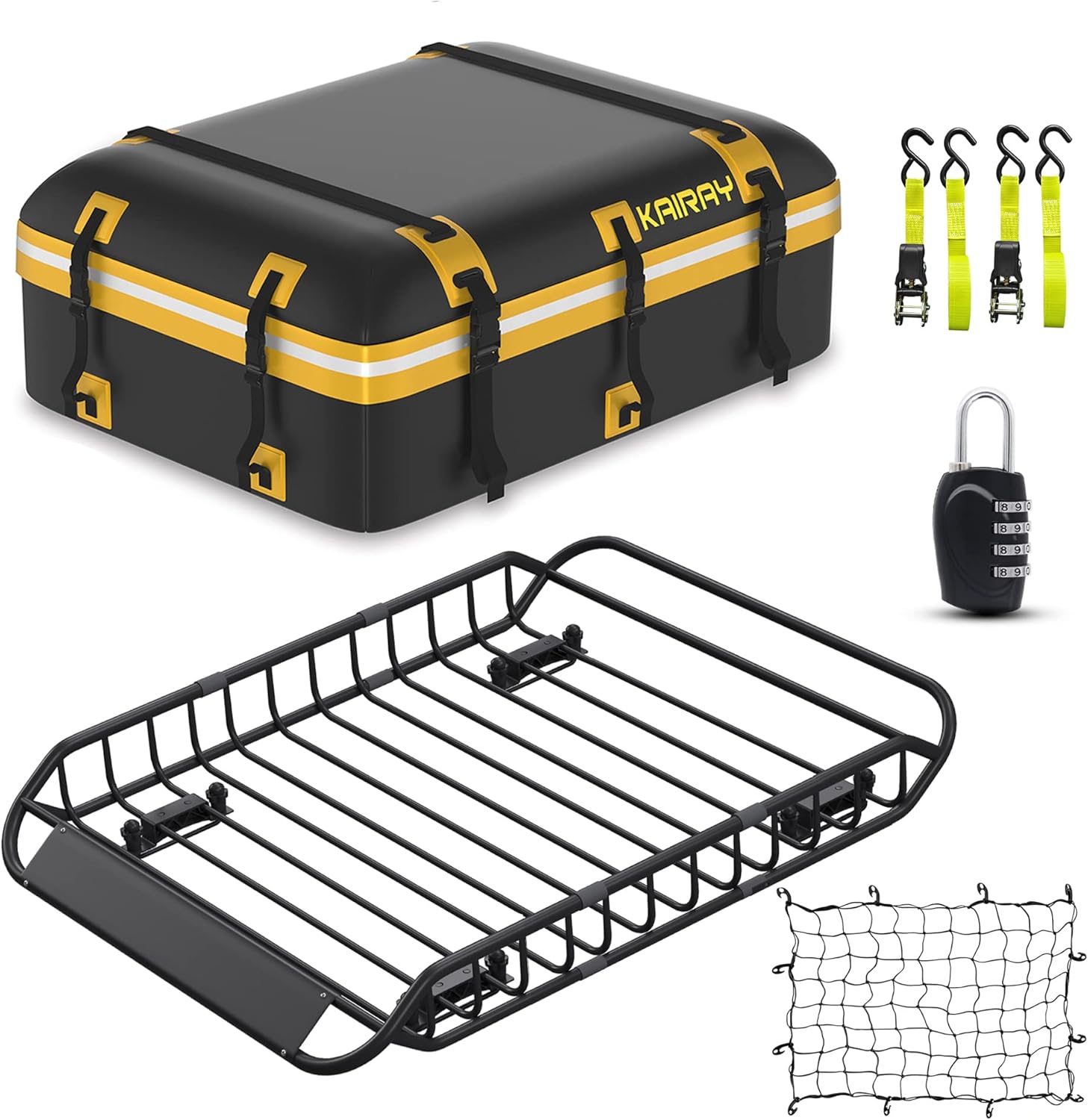 Roof Rack Cargo Basket 50″(L) x 36″(W) x 5.1″(H) Extendable Universal Rooftop Luggage Carrier for Truck Cars SUV with Waterproof Cargo Bag, Cargo Net, Ratchet Straps & Outdoor Combination Lock