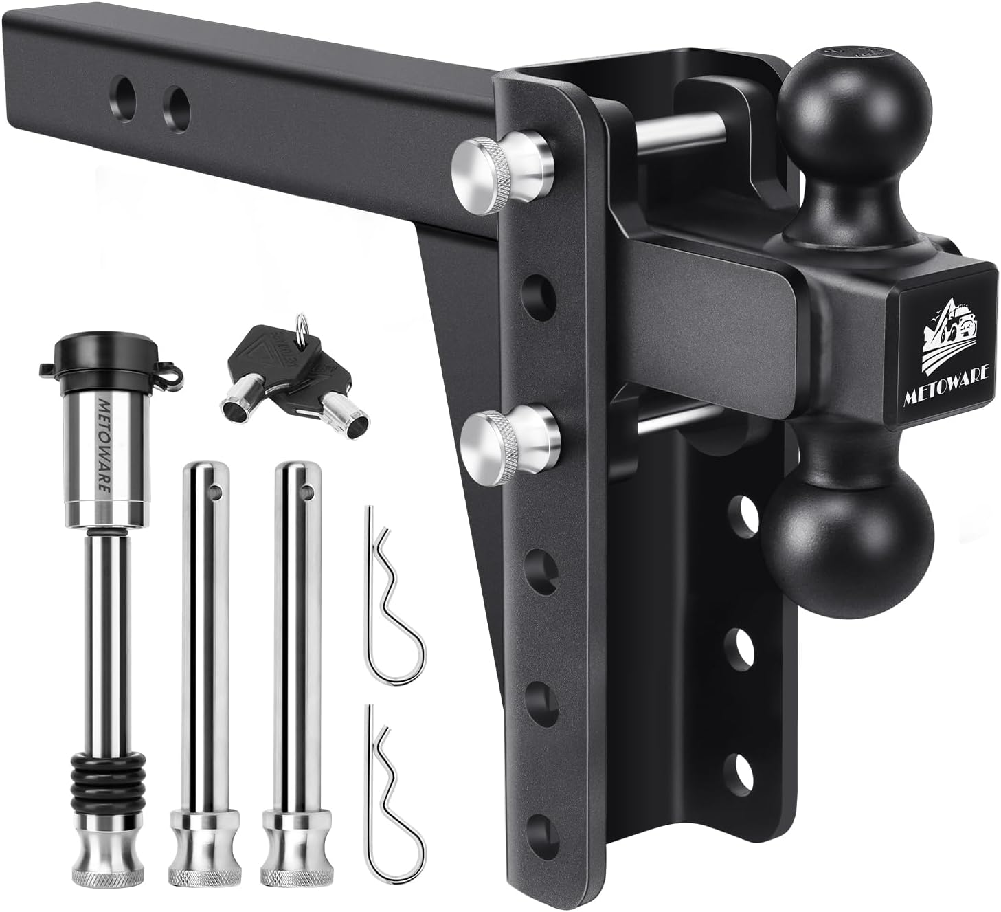 METOWARE Adjustable Trailer Hitch (22, 000 LBS GTW) – Tow Hitch Fits 2” Receiver – 6” Drop/Rise for Truck with 1-7/8″ & 2″ Hitch Ball, with Double Stainless Steel Locks & Hitch Pin