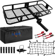 Folding Hitch Mount Cargo Carrier Hitch Rack Basket 60″*21.5″*6″ Hauling Weight Capacity of 500 Lbs, Waterproof Cargo Bag 58″ 19″ 24″, with Hitch Stabilizer,Cargo Net and Ratchet Straps