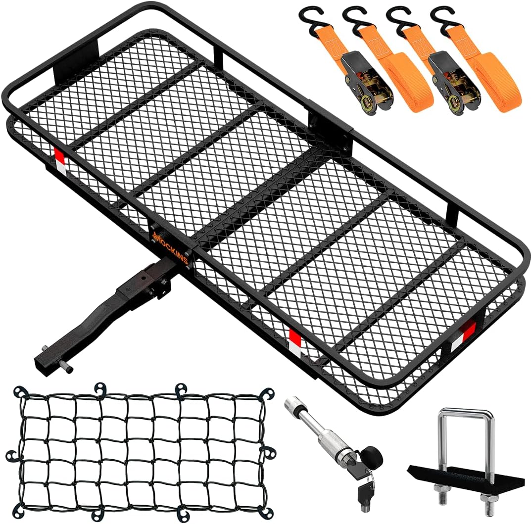 Mockins 60″x24″x6″ Trailer Hitch Cargo Carrier Rack 500 Lbs Cap | Folding Cargo Carrier Hitch Mount with Net, Strap, Hitch Lock & Stabilizer | Vehicle Cargo Carriers Cargo Rack | Luggage Rack for SUV