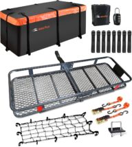 MeeFar Folding Hitch Mount Cargo Carrier Basket 60″ X 20″ X 6″+Waterproof Cargo Bag 16 Cubic Feet(58″ 19″ 24″),Hauling Weight Capacity of 500 Lbs and A Folding Arm.with Hitch Stabilizer,Net and Straps