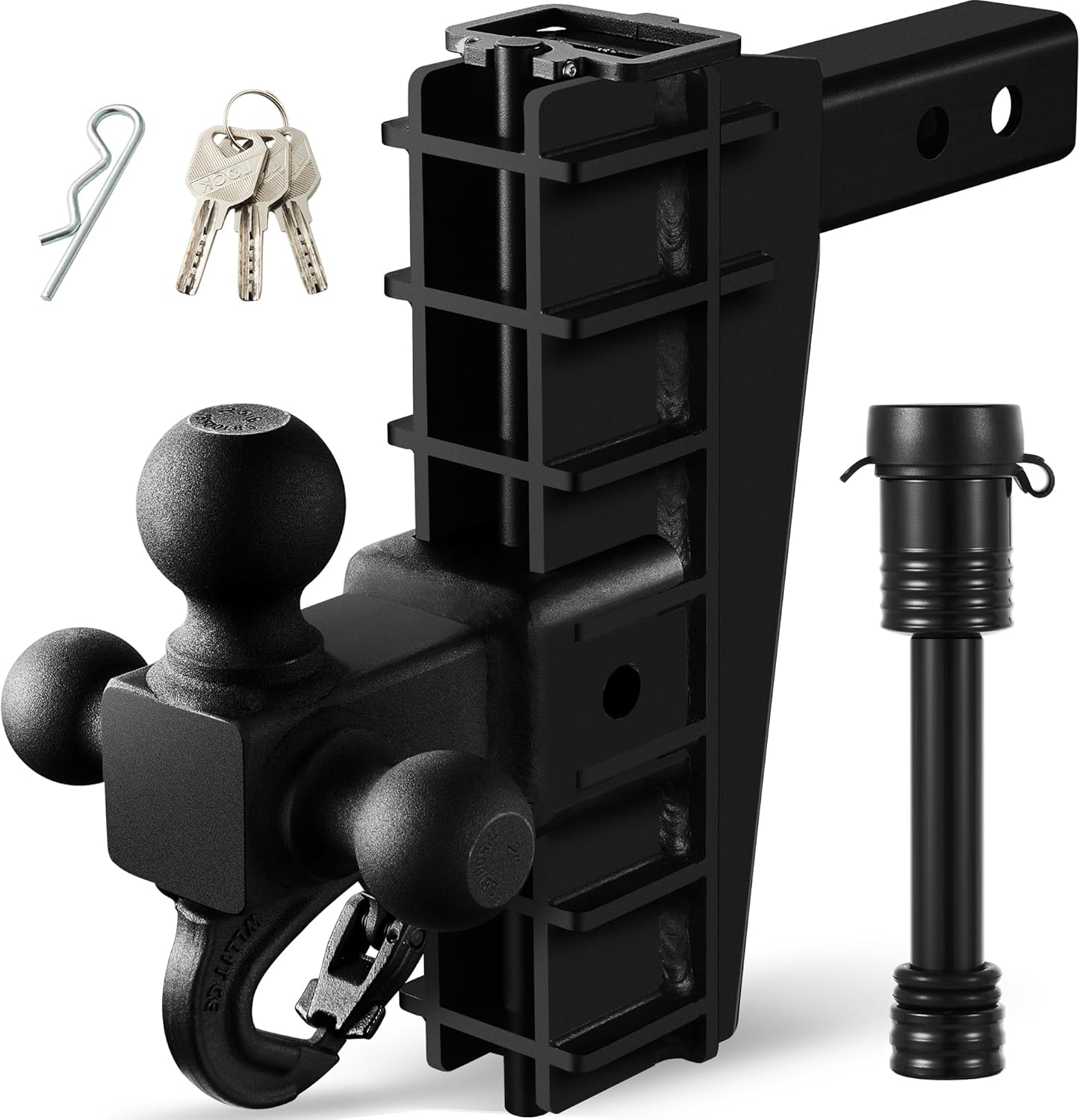 Adjustable Trailer Hitch with Hook, Drop Hitch 2 Inch Receiver, Tri-Ball (1-7/8″ 2″ 2-5/16″) Adjustable Tow Hitch 8 Inch Drop Hitch 18500 Lbs GTW for RV,SUV, ATV Truck