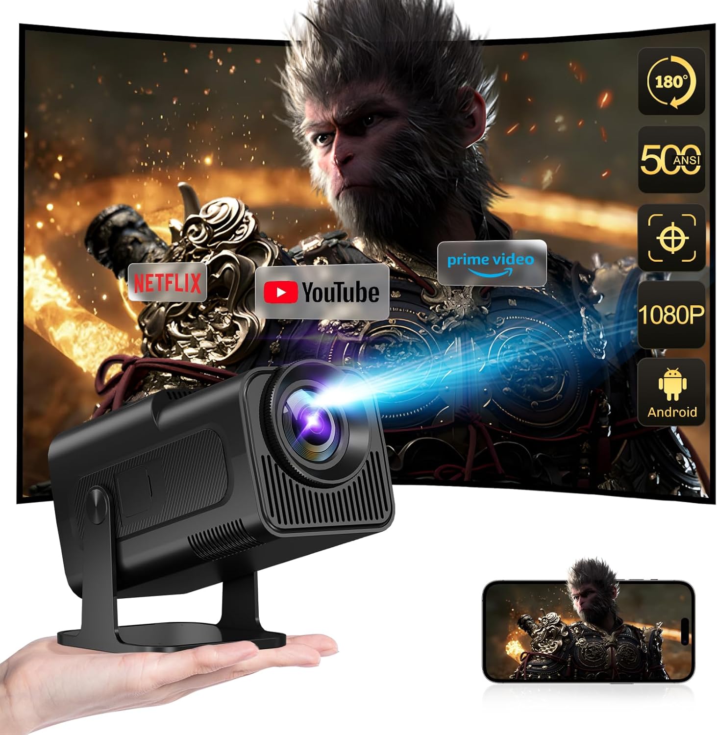 [180°Adjustable Stand]HIPPUS Smart Mini Projector with WiFi and Bluetooth, Full HD 1080P, Auto Keystone,4K Video Portable Ceiling Projector,Wifi 6,Android 11.0 (Black)