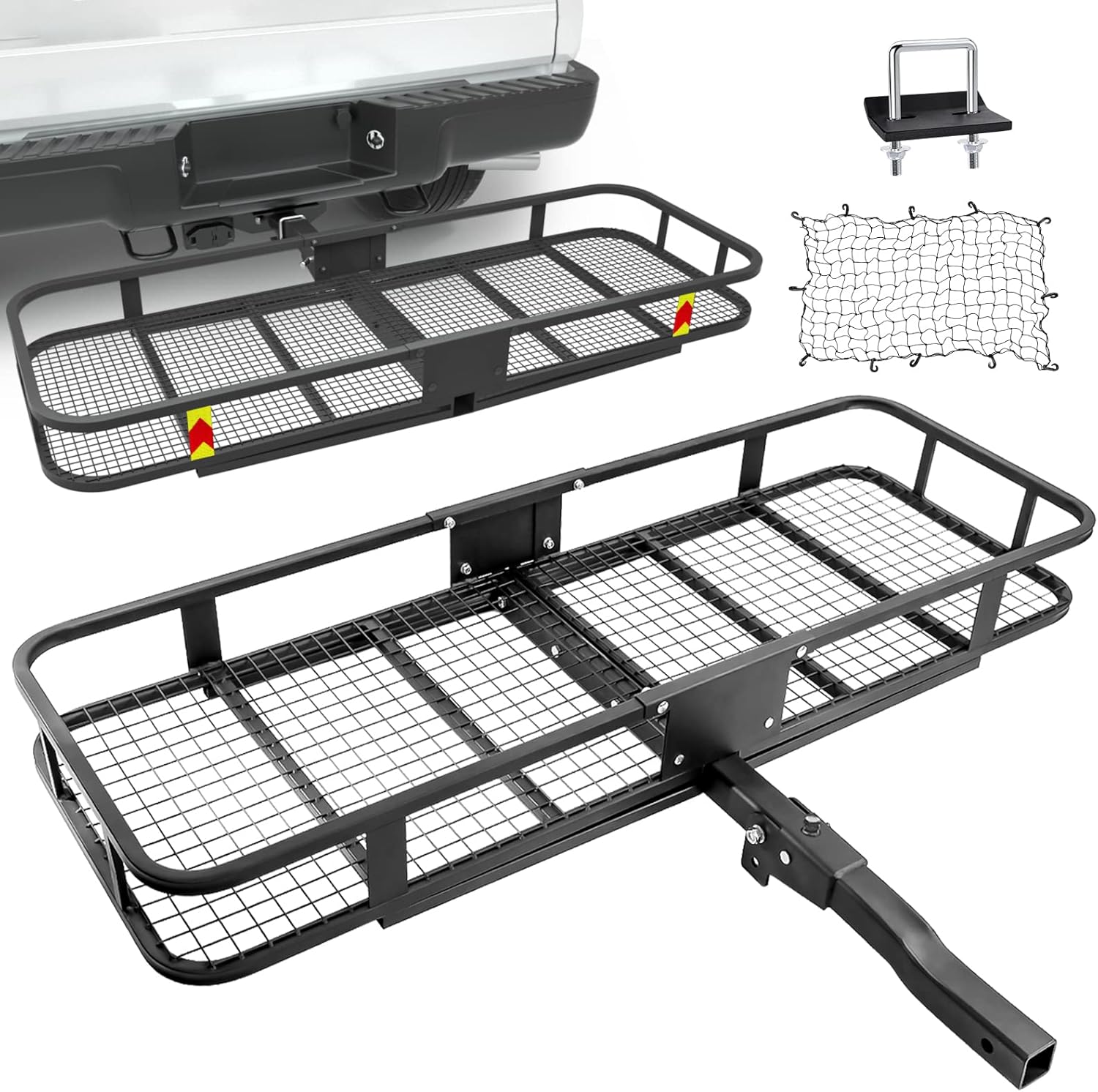 Hitch Mount Cargo Carrier with Cargo Net and Anti-Rattle Stabilizer 60″ x 21″ x 6″ Folding Cargo Basket with 500 LB Max Capacity Fits 2″ Receiver for Car SUV Pickup (USPTO Patent Pending)