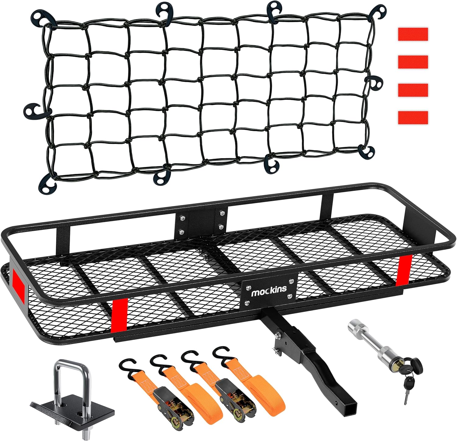 Mockins 60″x20″x6″ Heavy-Duty Cargo Carrier Hitch Mount 500lb Cap. Folding Cargo Rack Basket with Net, Strap, Hitch Lock & Stabilizer | Tow Trailer Hitch Cargo Carrier | Fits Vehicle with 2″ Receiver